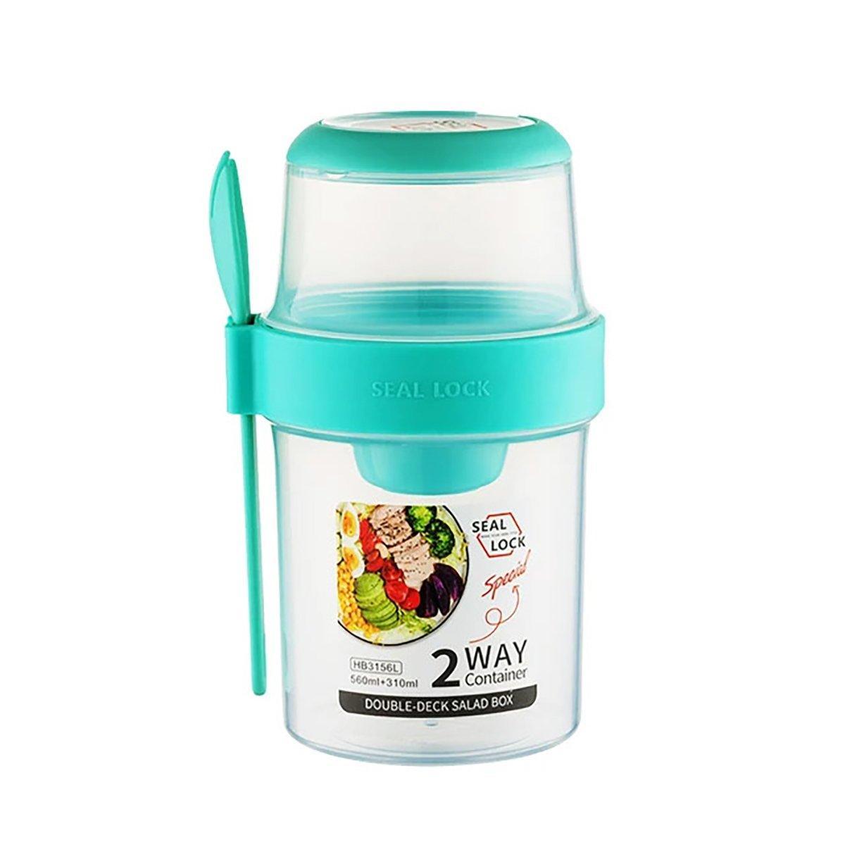 Double Plastic Salad Cup with Fork Sealed Breakfast Container for On-the-Go Meal - 560ml-Pink