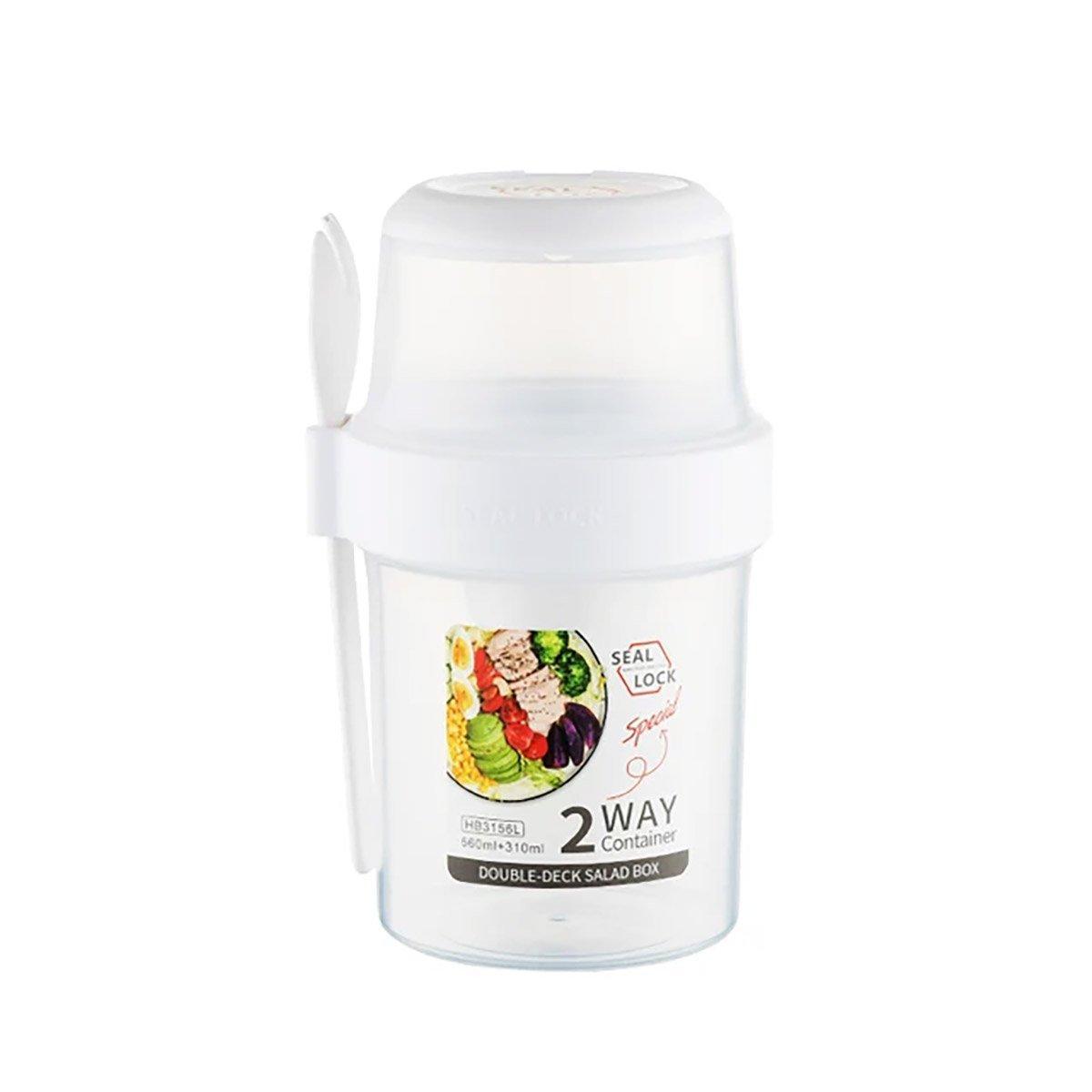 Double Plastic Salad Cup with Fork Sealed Breakfast Container for On-the-Go Meal - 560ml-Pink