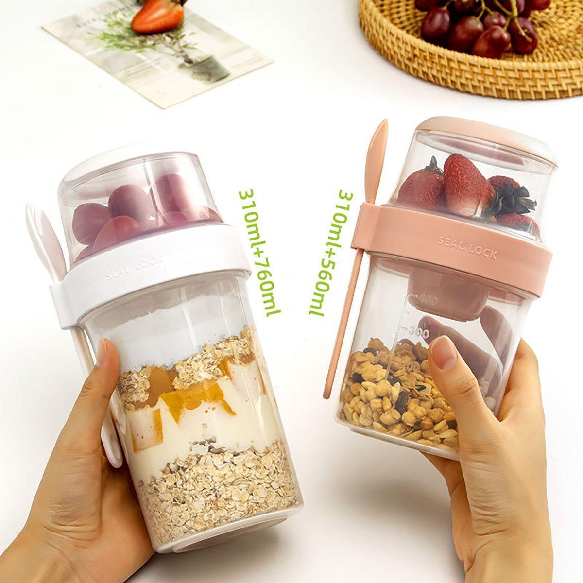 Double Plastic Salad Cup with Fork Sealed Breakfast Container for On-the-Go Meal - 760ml-Pink