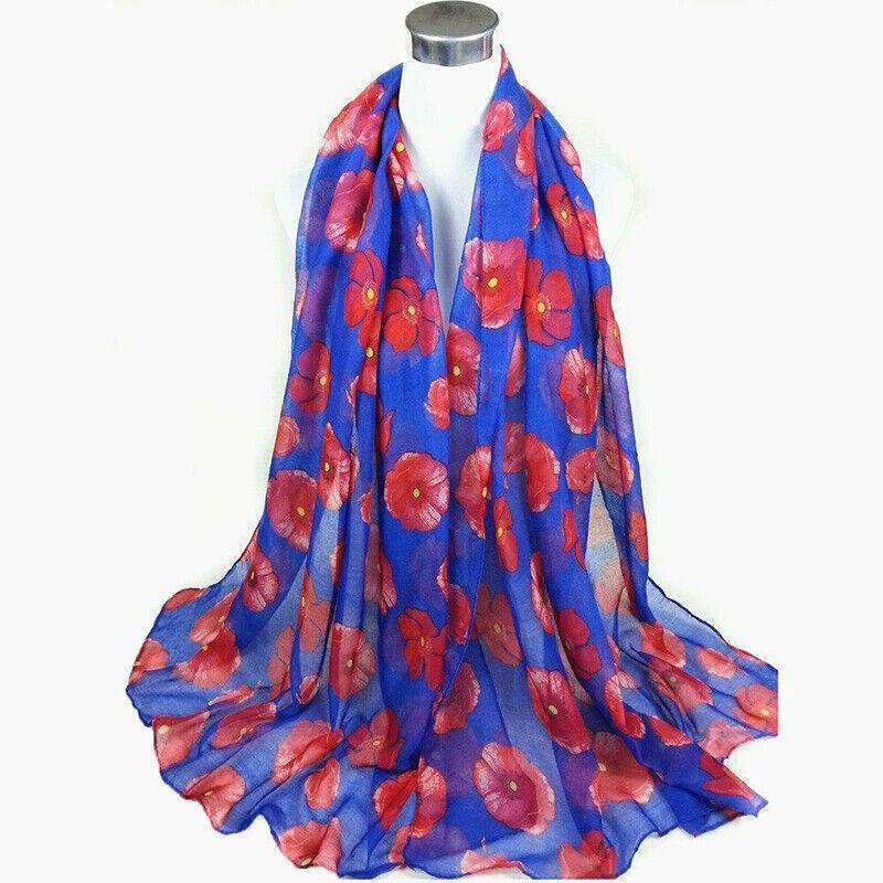 Women Ladies Poppy Print Floral Scarf Remembrance Day Poppies Scarves Wrap Shawl - White
