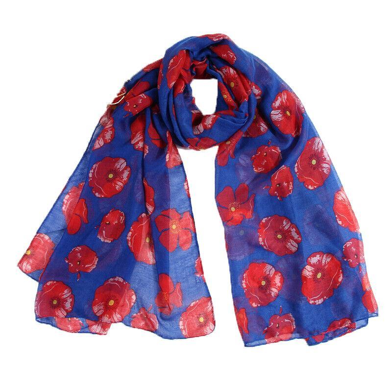 Women Ladies Poppy Print Floral Scarf Remembrance Day Poppies Scarves Wrap Shawl - White