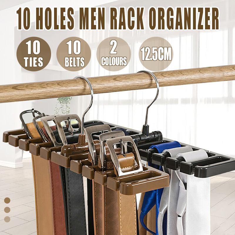 10 Slot Tie and Belt Hanger for Wardrobe Mens Closet Rack Organiser Hook - Brown