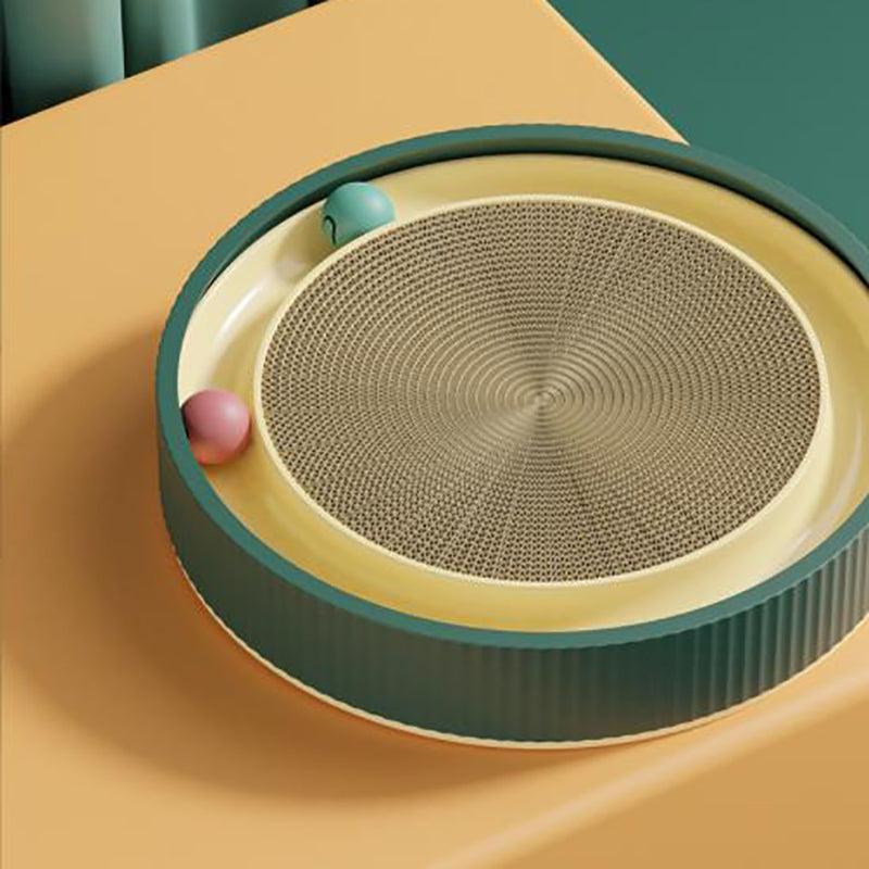 Cat Scratcher Lounge Bed Toy 40cm Round Foldable Cardboard Pad with Ball Track - Green