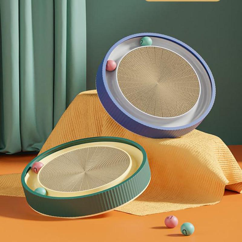 Cat Scratcher Lounge Bed Toy 40cm Round Foldable Cardboard Pad with Ball Track - White