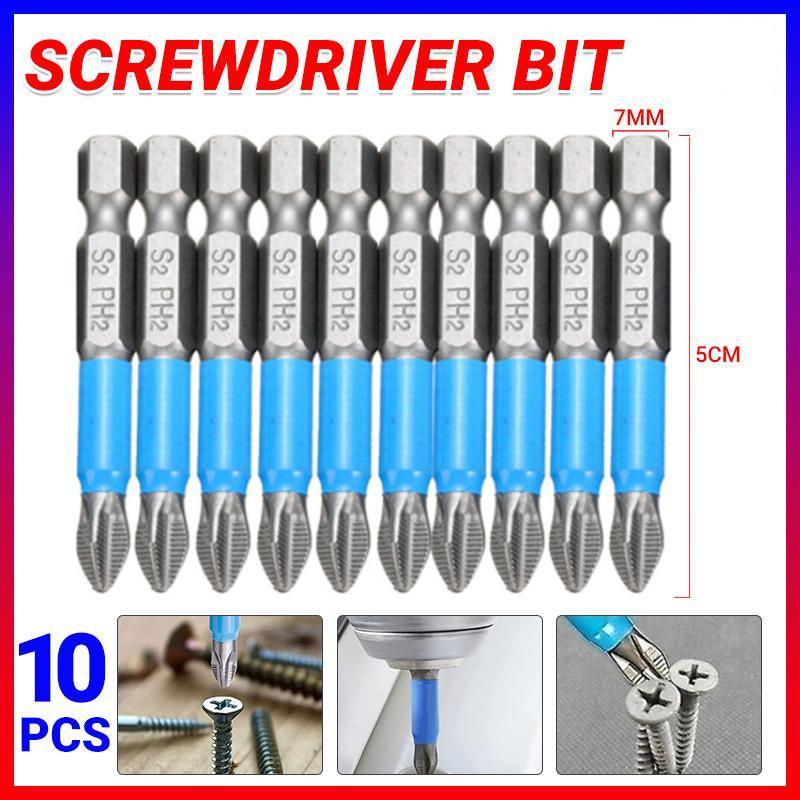 10PCS Anti Slip Electric Hex Shank 50mm PH2 Cross Head Screwdriver Bits Set