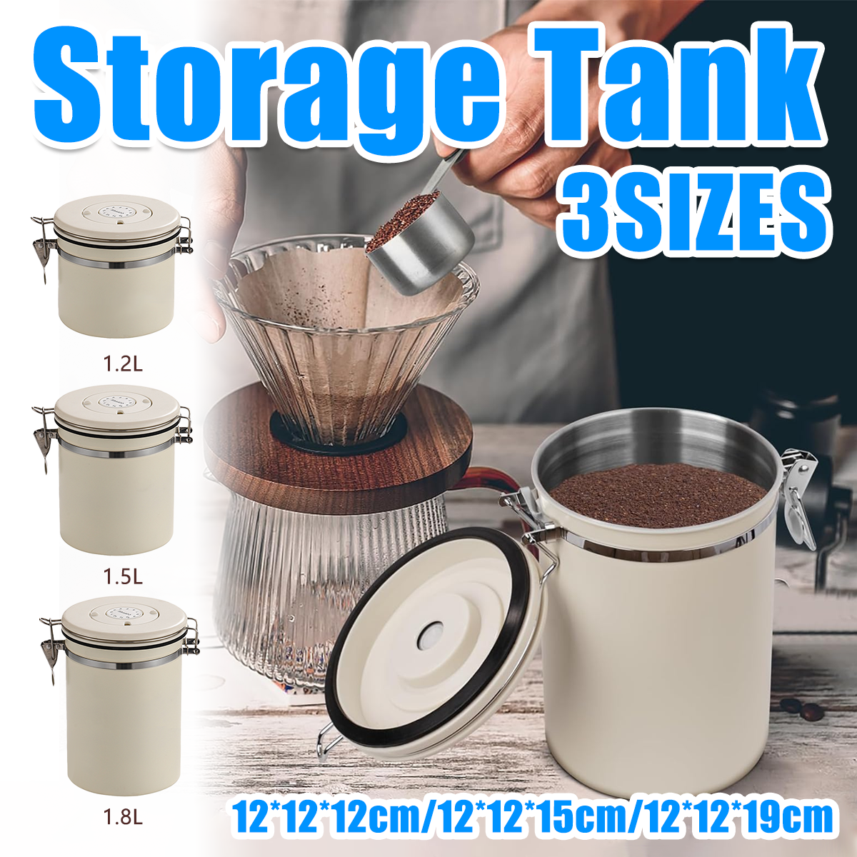 3 Sizes Stainless Steel Coffee Bean Powder Storage Jar Sealed Canister with Valve - 1.2L
