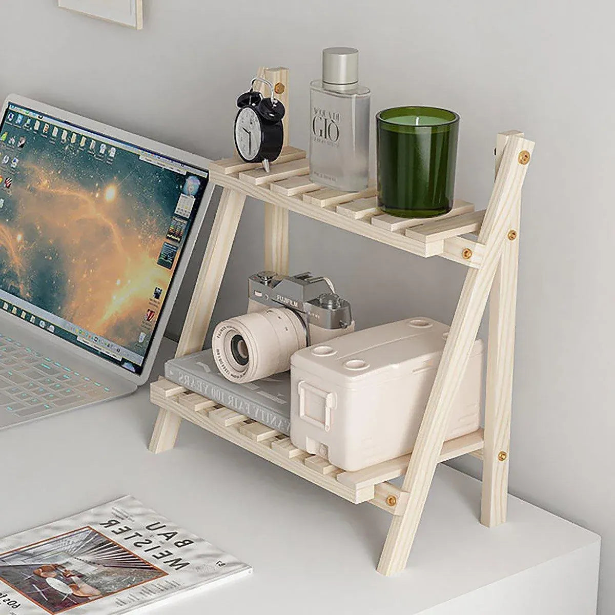 Natural Wood Two-Tier Desktop Shelf