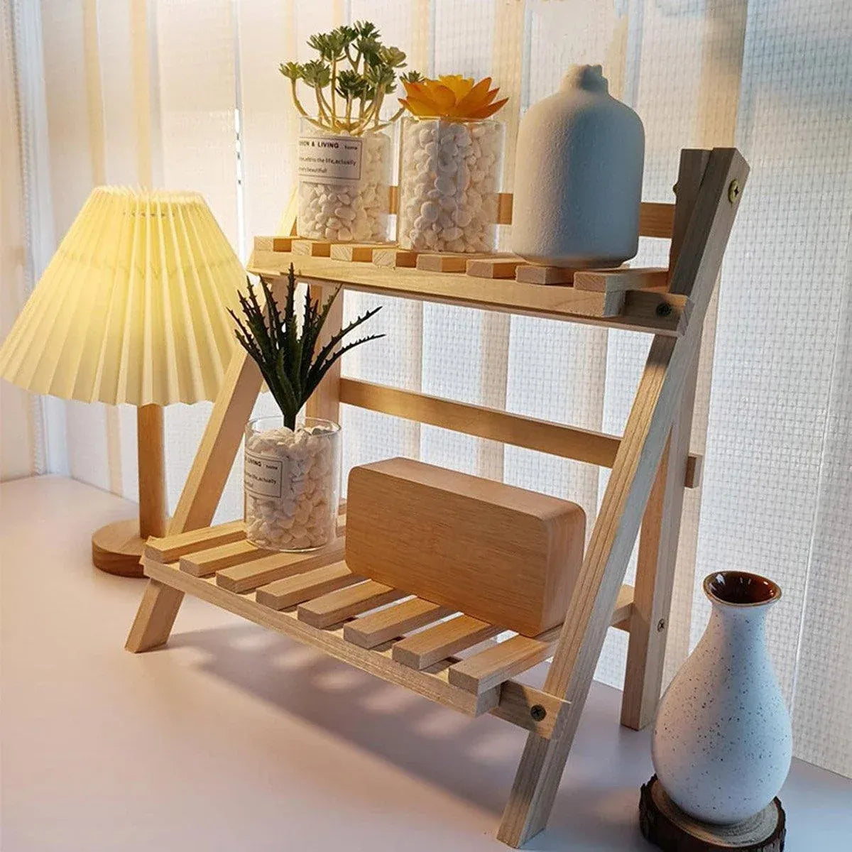 Natural Wood Two-Tier Desktop Shelf
