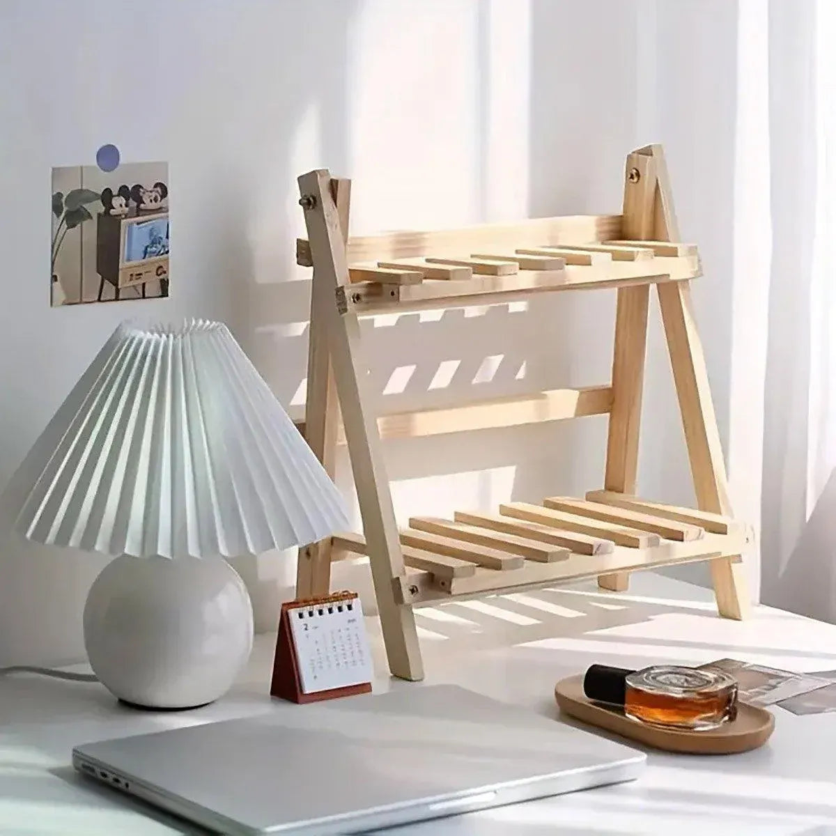 Natural Wood Two-Tier Desktop Shelf