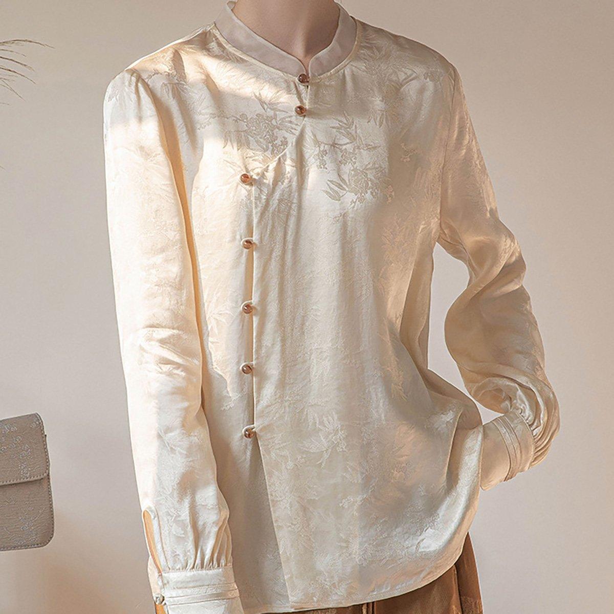 New Chinese Style Womens Top Stand-up Collar Long Sleeve Elegant Fashion Shirt - L