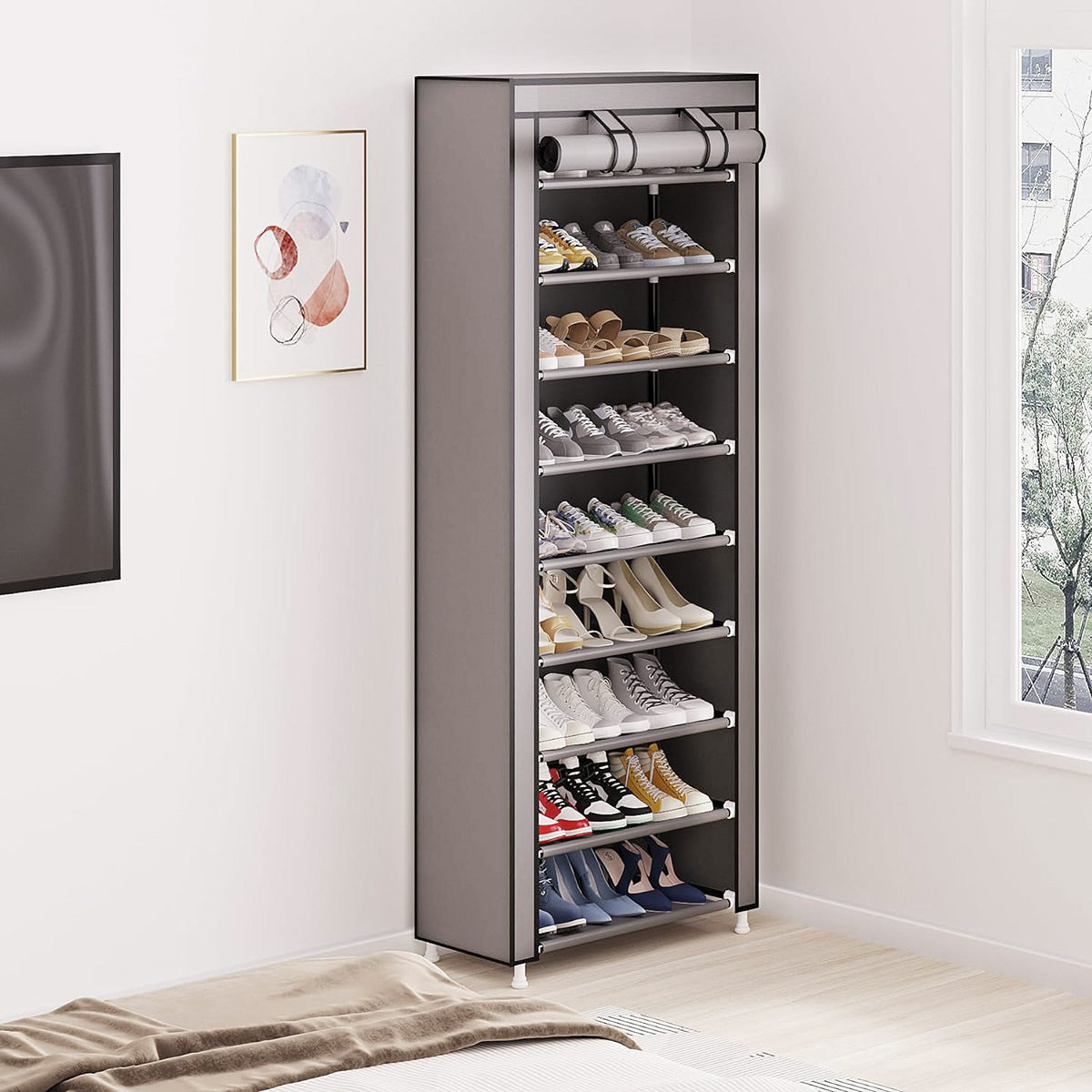 10 Tier Black Shoe Rack Dustproof Organiser Shoe Storage Cabinet for Home Use