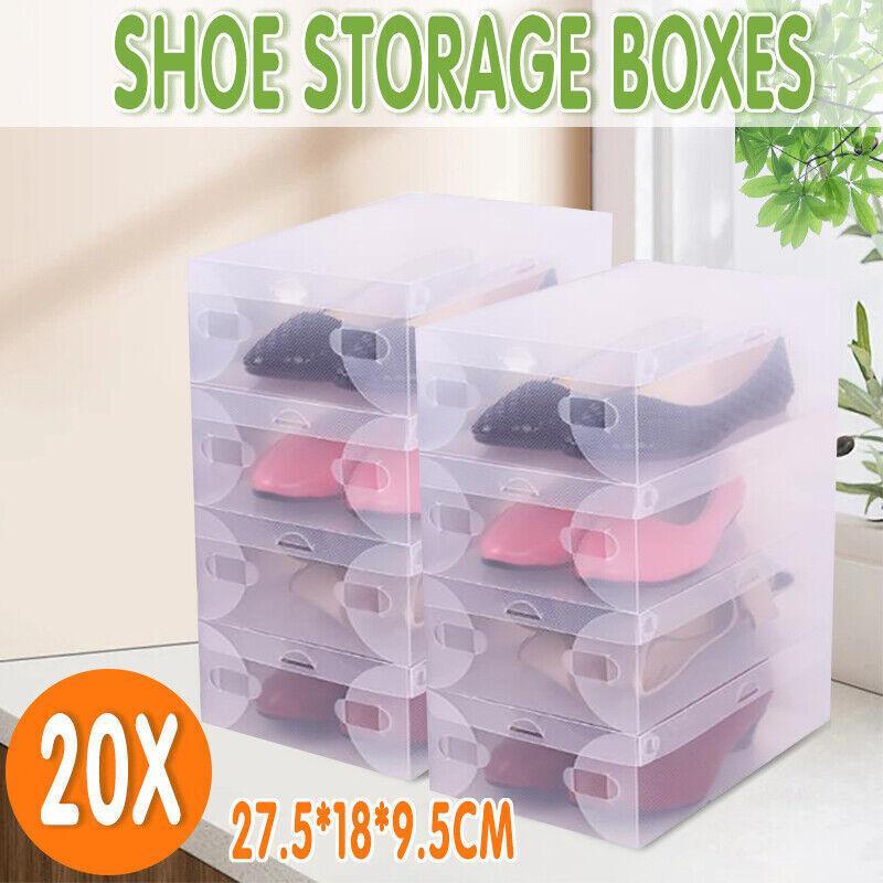 20x Clear Shoe Storage Box Foldable Stackable Plastic Shoe Boxes