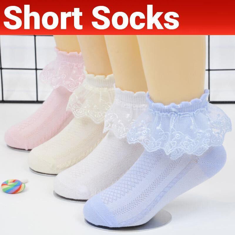 Lace Ruffle Frilly Short Socks for Girls Ankle Length M Size Fits 4-6 Years - Blue