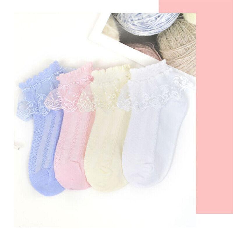 Lace Ruffle Frilly Short Socks for Girls Ankle Length M Size Fits 4-6 Years - Pink
