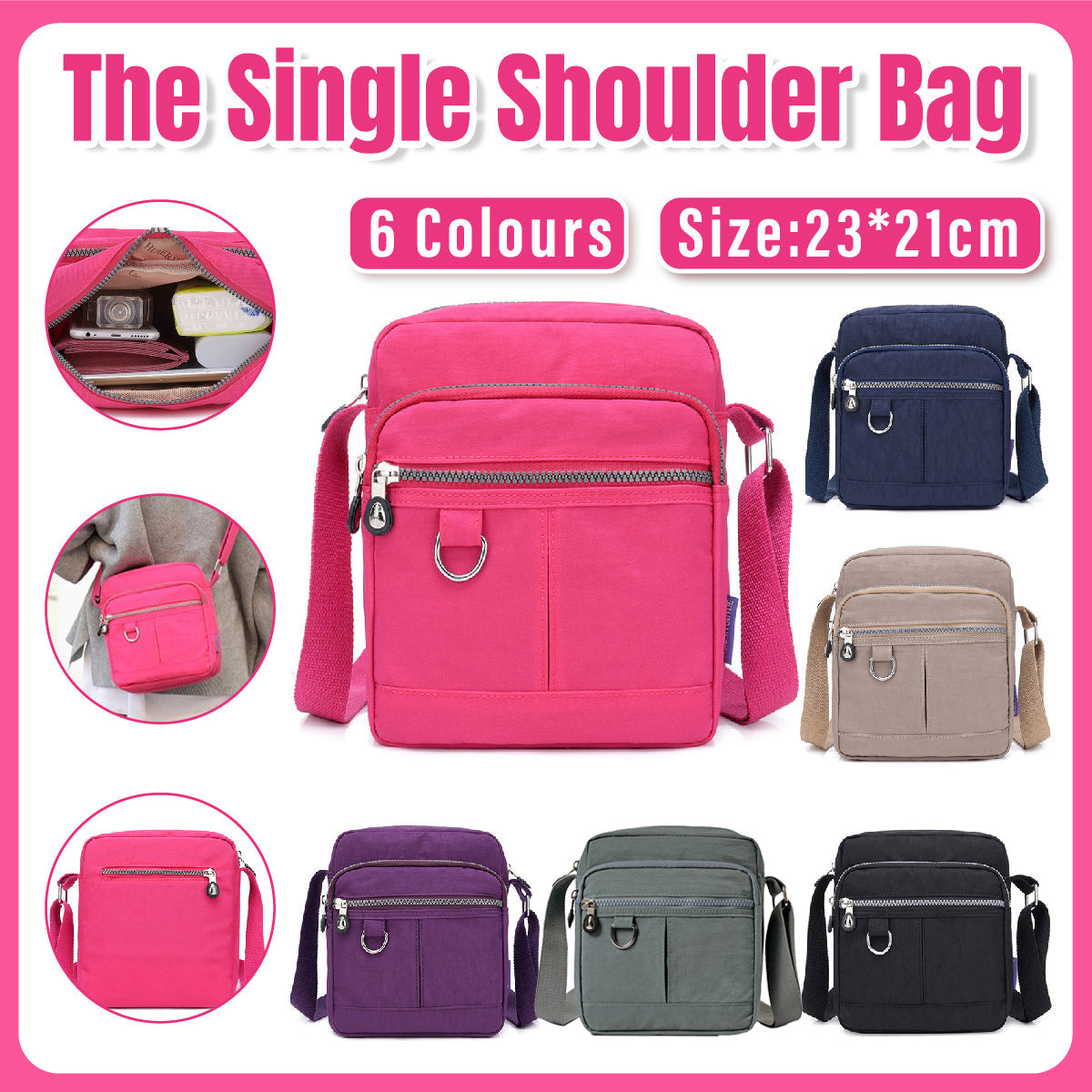 Ladies Shoulder Bag Nylon Fabric Lightweight Crossbody Small Casual Handbag - Rose Red