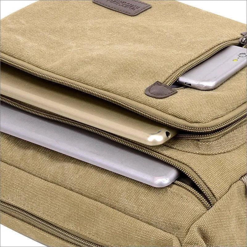 Retro Canvas Messenger Shoulder Bag for Men Travel Crossbody Satchel with Zippers - Coffee