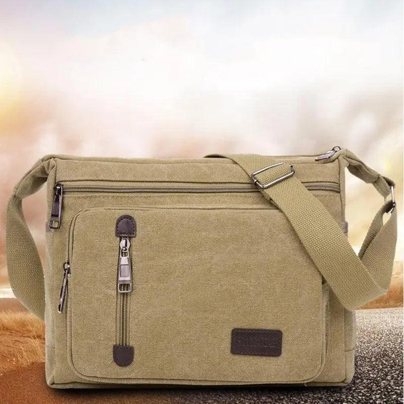 Retro Canvas Messenger Shoulder Bag for Men Travel Crossbody Satchel with Zippers - Coffee