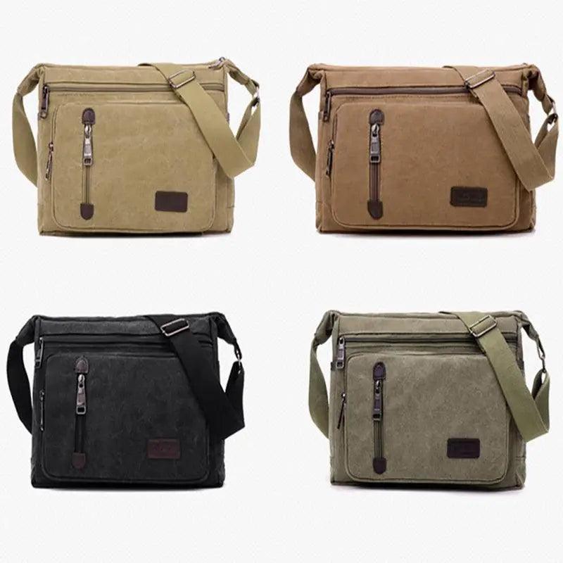 Retro Canvas Messenger Shoulder Bag for Men Travel Crossbody Satchel with Zippers - Khaki