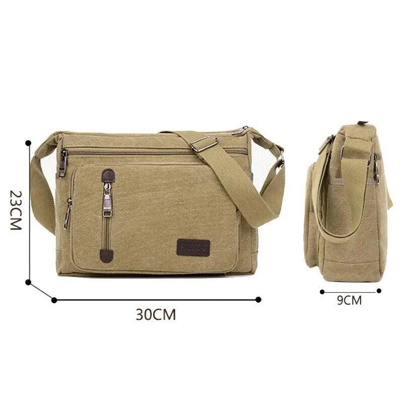 Retro Canvas Messenger Shoulder Bag for Men Travel Crossbody Satchel with Zippers - Khaki