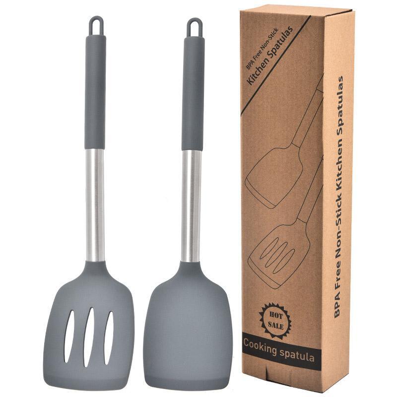 2pcs Silicone Cooking Utensils Stir Fry Spatula Kitchen Tools Non Stick Cookware - Grey