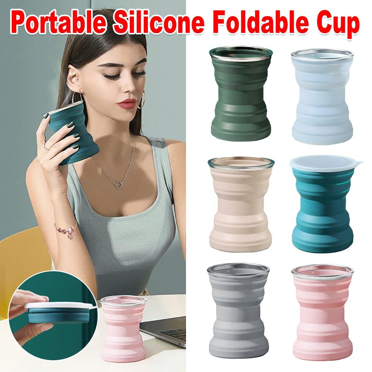 Silicone Folding Travel Mug Portable Retractable Collapsible Mug Outdoor Camping - Grey Lake Blue