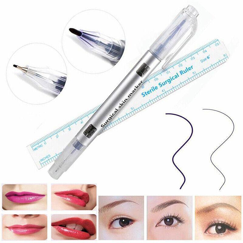 Microblading Tattoo Eyebrow Surgical Skin Marker Pen Ruler Tattoo Piercing 2Pcs