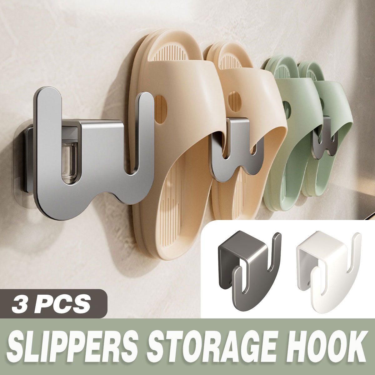 3PCS Wall Mounted Slipper Rack Bathroom Shoe Storage Hook Holder Organiser - Grey
