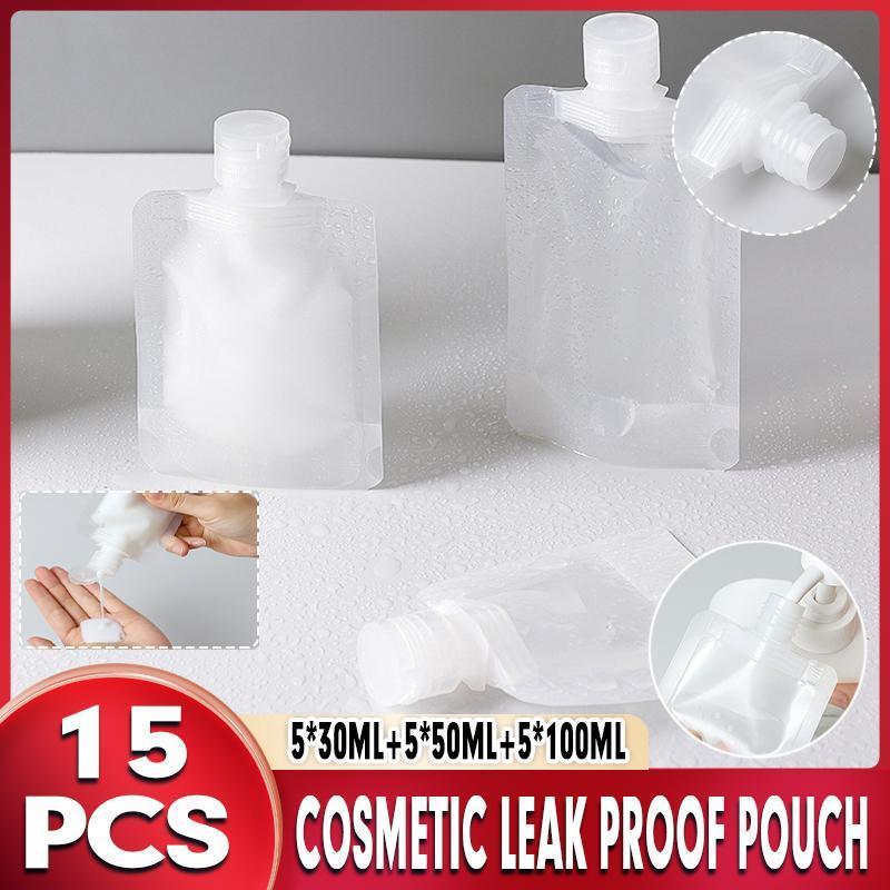 15PCS Reusable Cosmetic Travel Leakproof Pouch Set 30ml 50ml 100ml