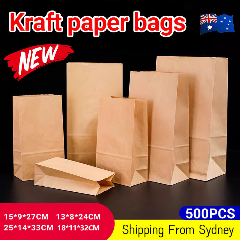 500PCS Kraft Food Paper Bags Brown Flat Bottom Lunch Bags Party Favour Bag - 500PCS-18*11*30CM