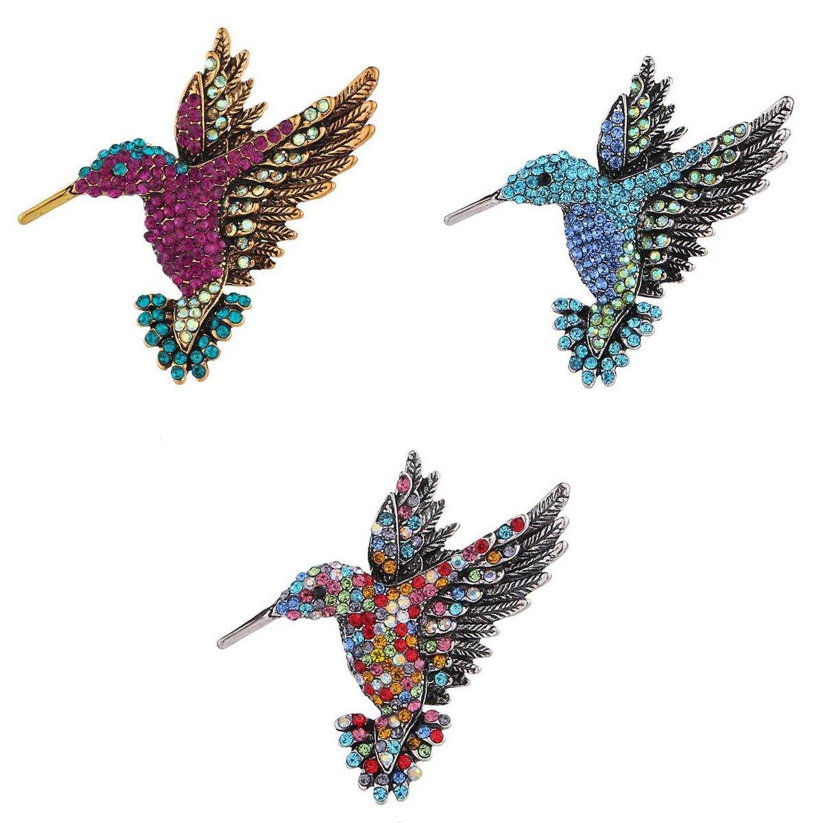 Fashion Hummingbird Brooch Pink Diamond Silver Brooch Gift Retro Style - Blue