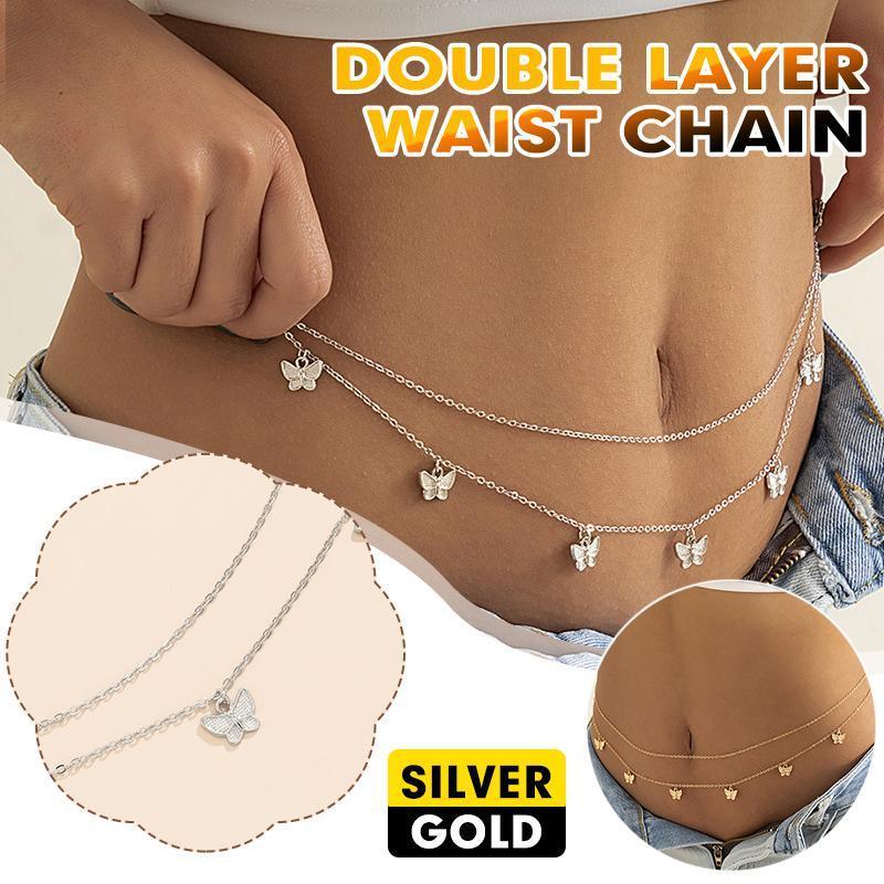 Waist Chain Tassel Butterfly Pendant Double Layer Ladies Body Chain - Gold
