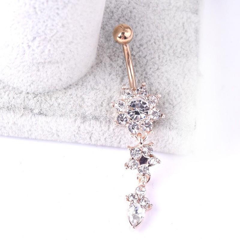 Flower Crystal Surgical Steel Dangle BELLY Button Navel bars Ring Body Piercing - Rose Red