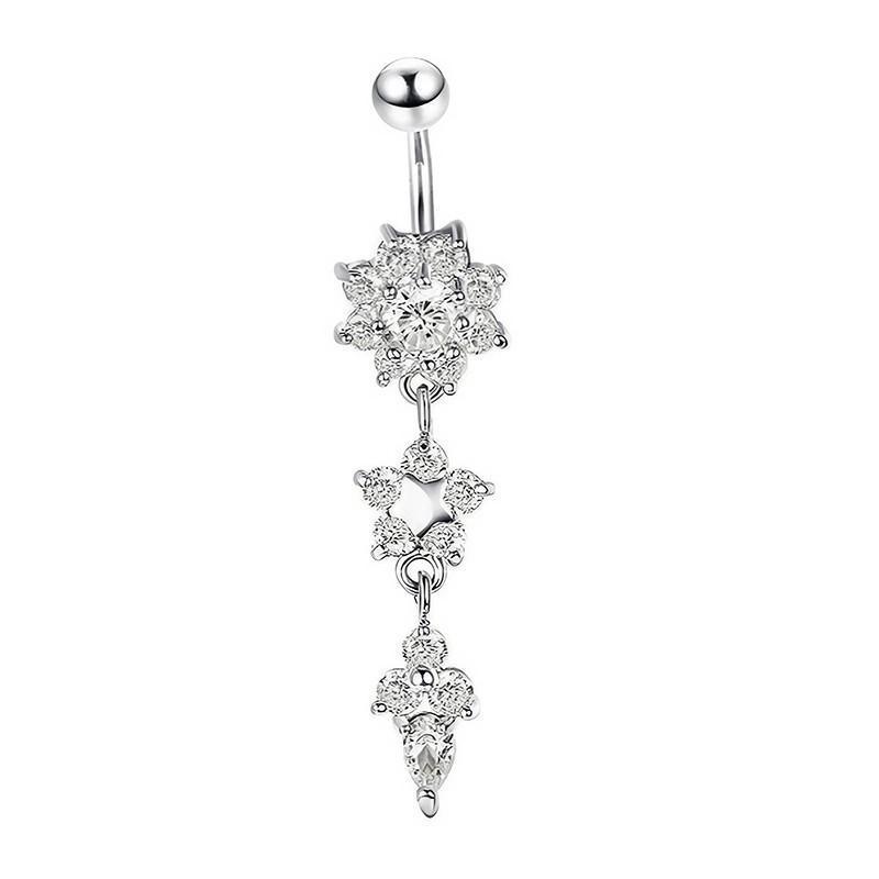 Flower Crystal Surgical Steel Dangle BELLY Button Navel bars Ring Body Piercing - Rose Red