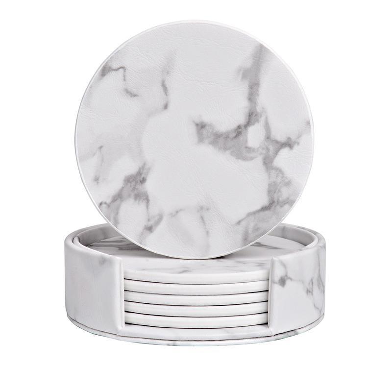 6x Coasters with Holder Marble Texture Round Cup Mat Pad Set For Drinks - Marble Black