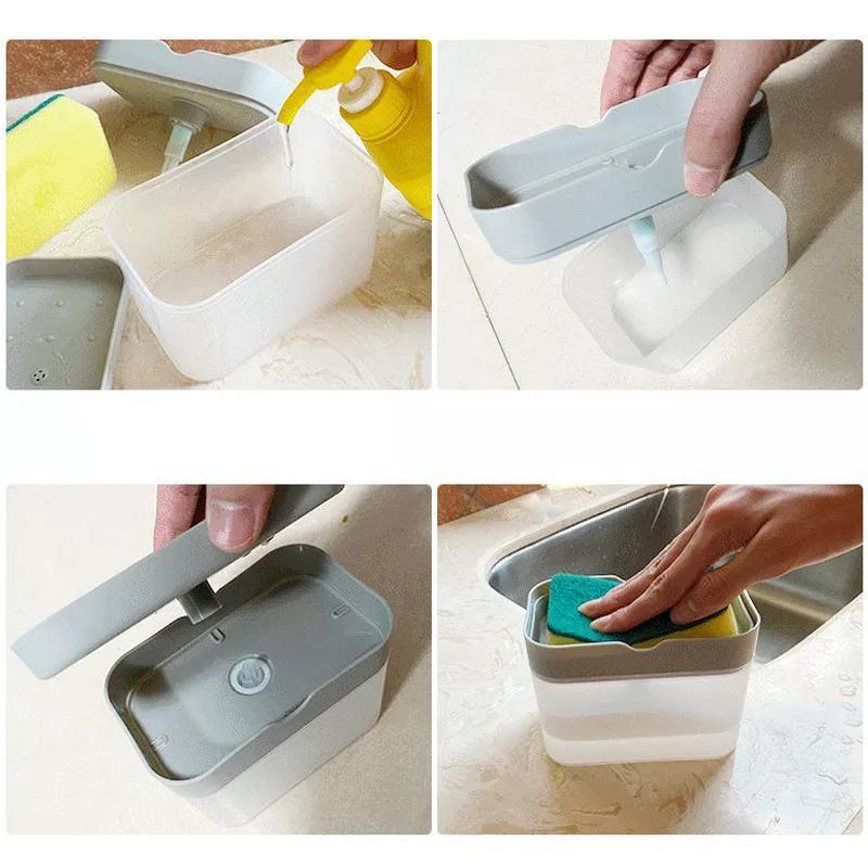 2 In 1 Soap Pump Dispenser Sponge Holder Dish Washing Liquid Container Kitchen - Grey
