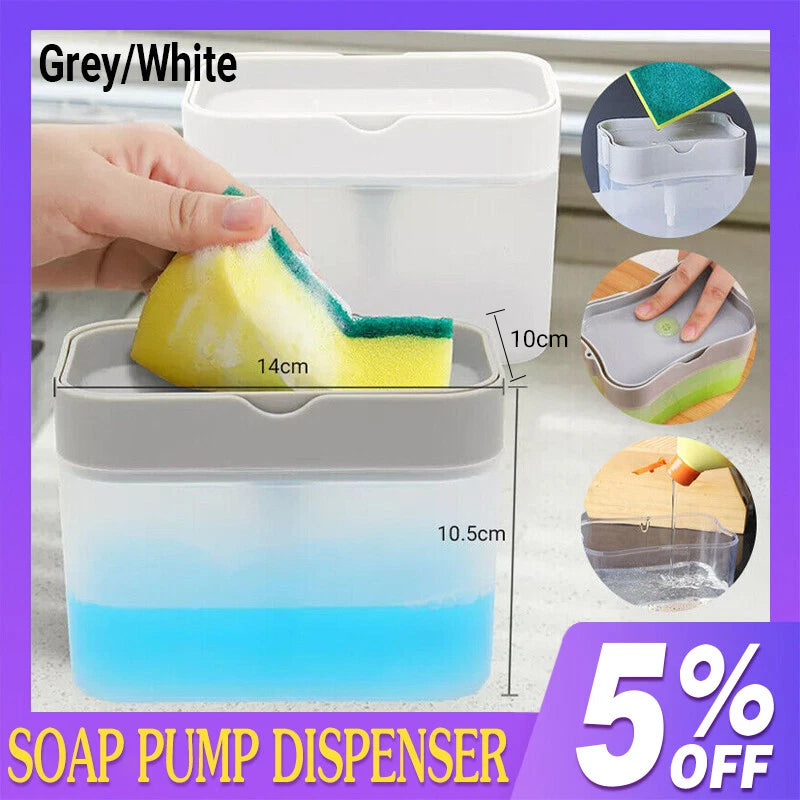 2 In 1 Soap Pump Dispenser Sponge Holder Dish Washing Liquid Container Kitchen - White