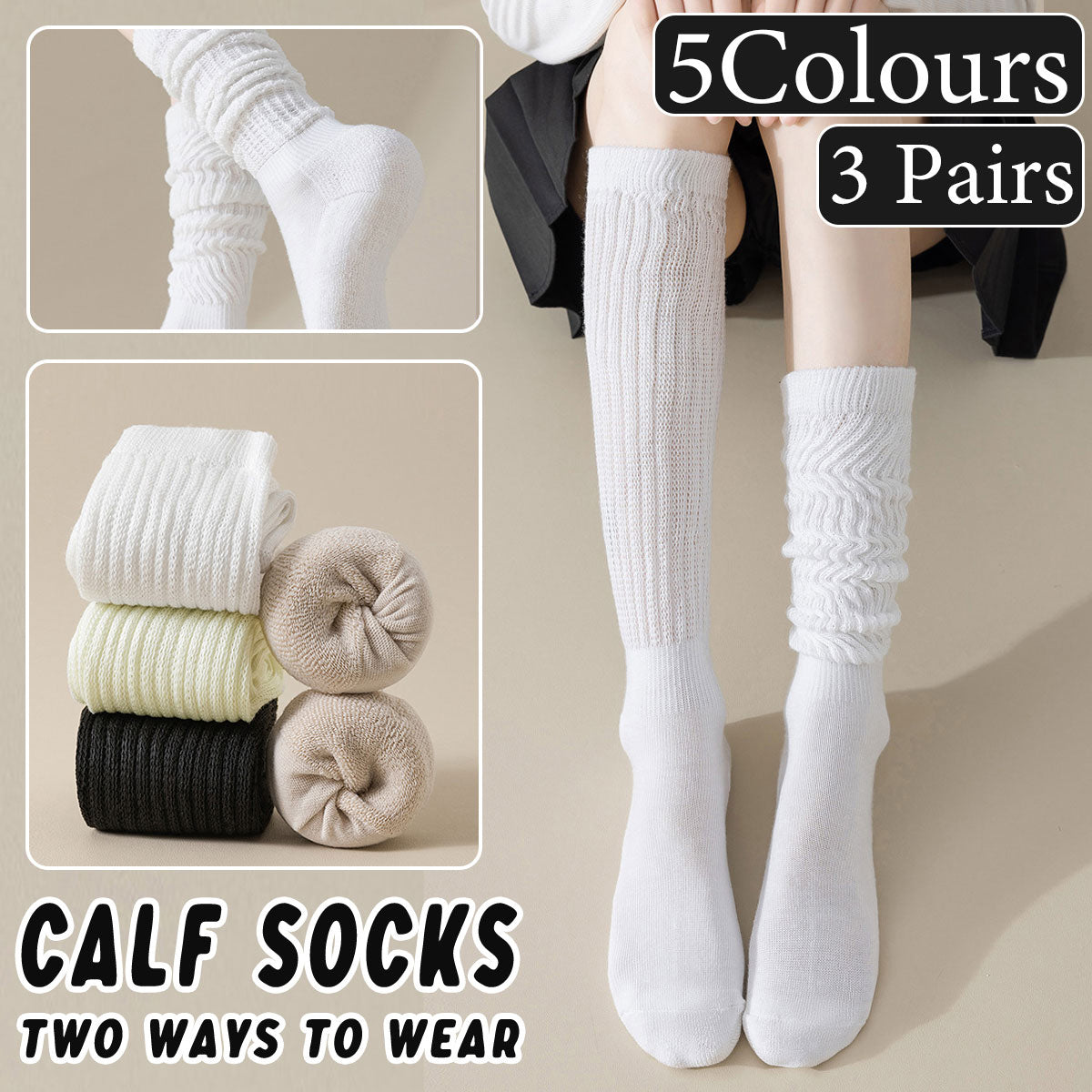 3Pairs Warm Calf Socks Stack Stockings Winter Fall Over Knee High Thick Socks Set - Milky White