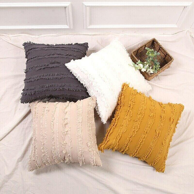 Boho Tassel Fringe Striped Cushion Cover Soft Home Decor Sofa Throw Pillow Case - Grey