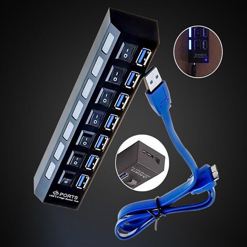 7 Port Usb 3.0 High Speed Extension Hub Splitter Extender For Pc Laptop Macbook - White