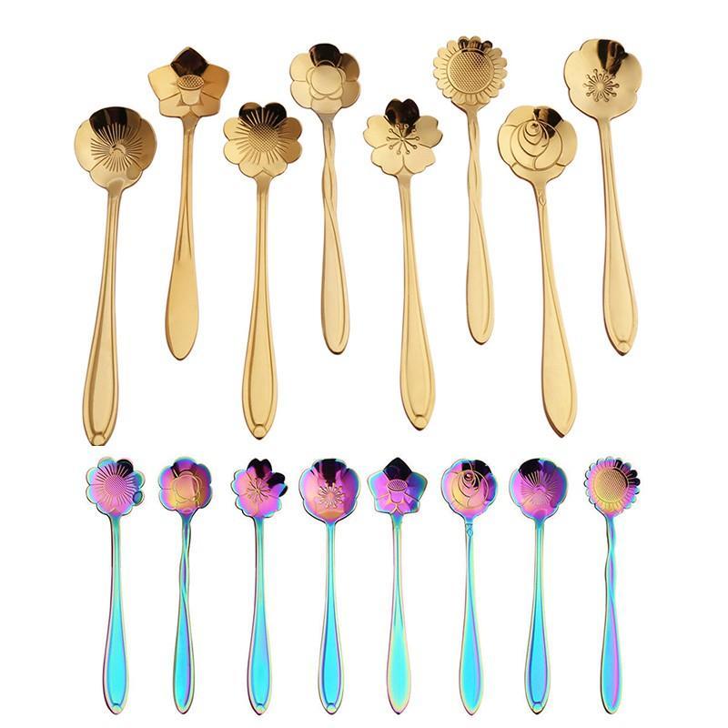 8X Spoon Long Handle Dessert Tea Coffee Mixing Spoon Stainless Steel Teaspoon - Gold