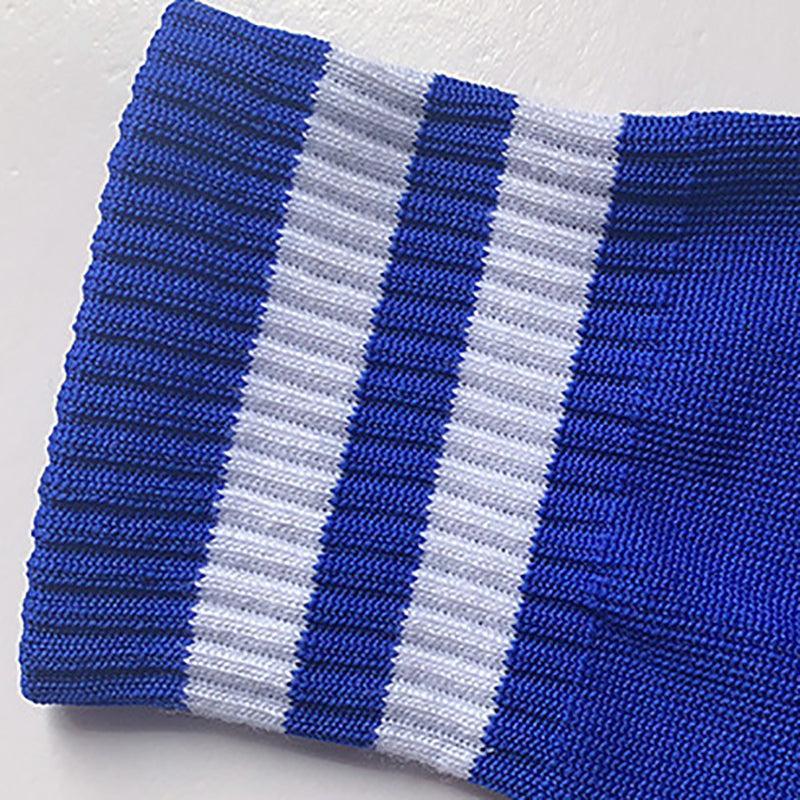 Mens Womens Sports Breathable Tube Long High Socks Knee Warm Casual Footy Soccer - White+Blue