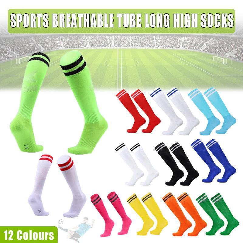 Mens Womens Sports Breathable Tube Long High Socks Knee Warm Casual Footy Soccer - White+Red