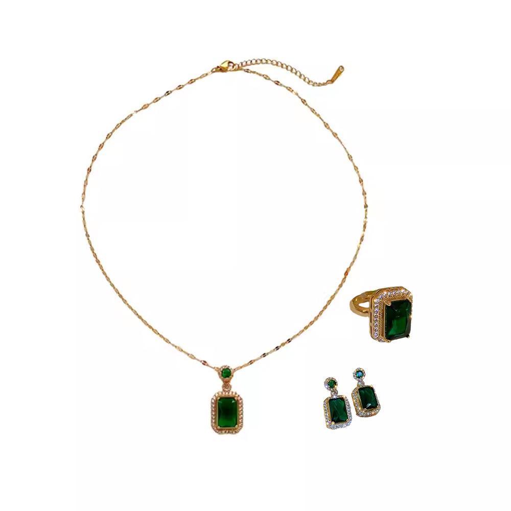 Vintage Paraiba Tourmaline Emerald Gemstone Earrings Ring Necklace Women Gift - Necklace