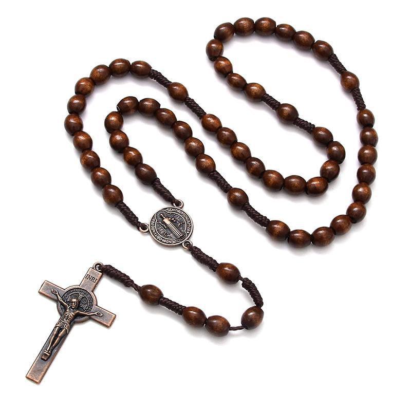 1PC Wooden Rosary Beads Necklace Christian Cross Catholic Rosary Beads