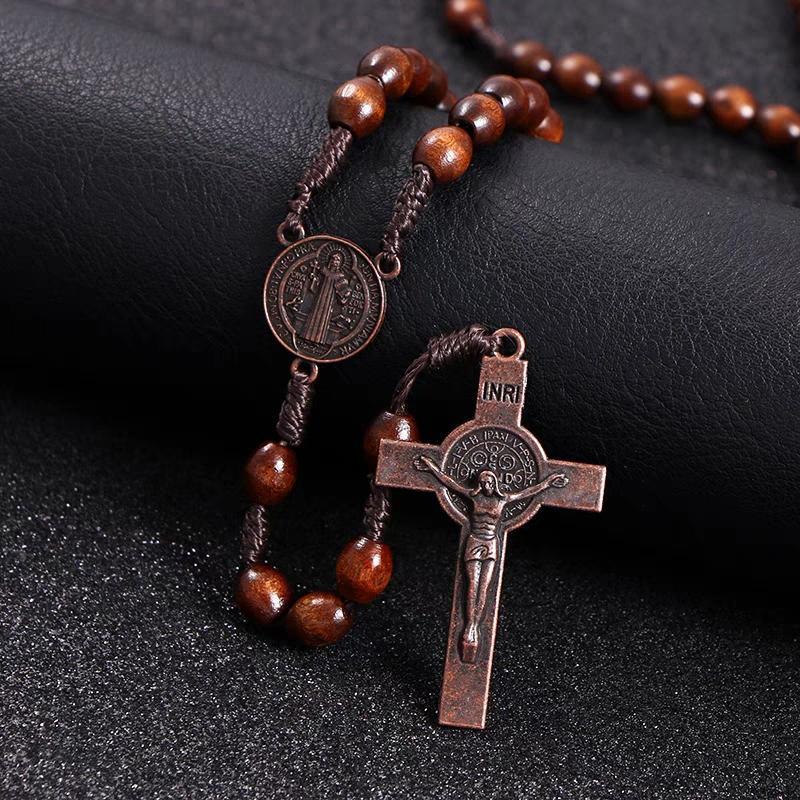 1PC Wooden Rosary Beads Necklace Christian Cross Catholic Rosary Beads