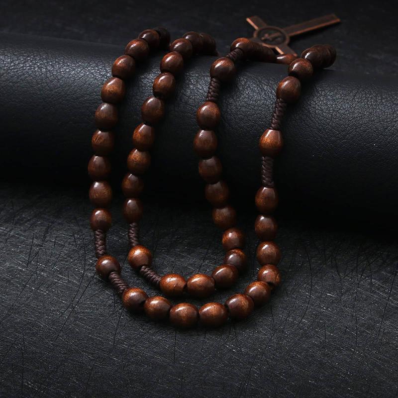 1PC Wooden Rosary Beads Necklace Christian Cross Catholic Rosary Beads