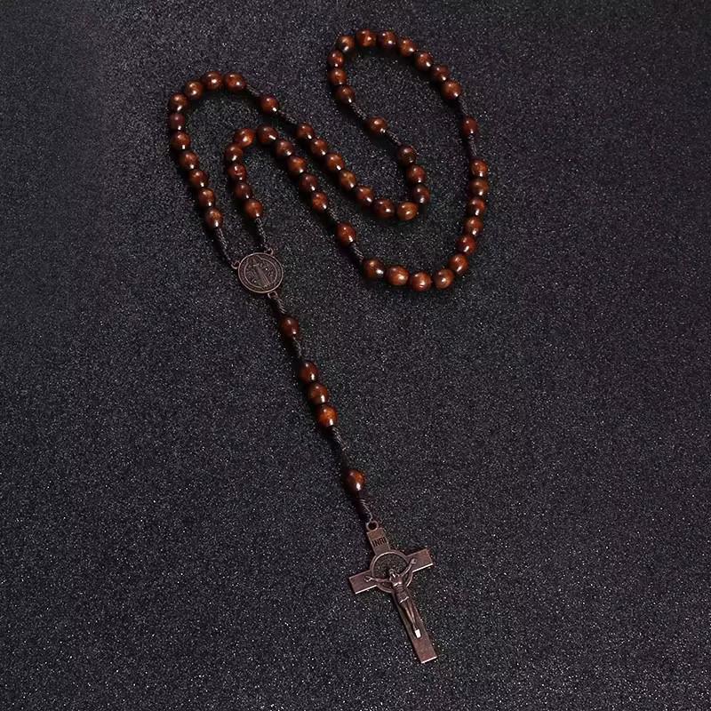 1PC Wooden Rosary Beads Necklace Christian Cross Catholic Rosary Beads
