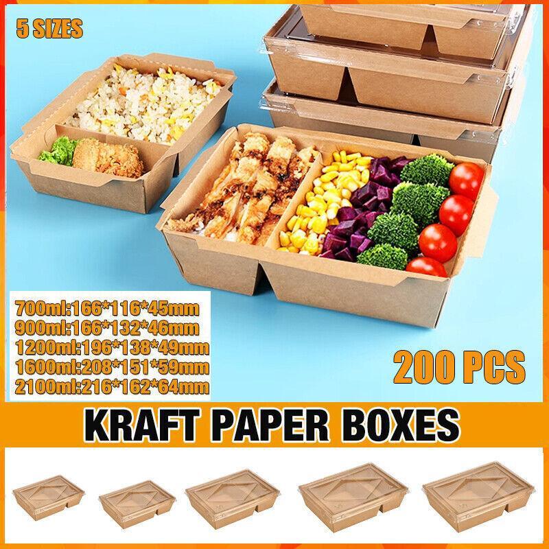 200 x Brown Bento Salad Pasta Rice Kraft Paper Lunch Box Takeaway Food Container - 1200ml+PET lid
