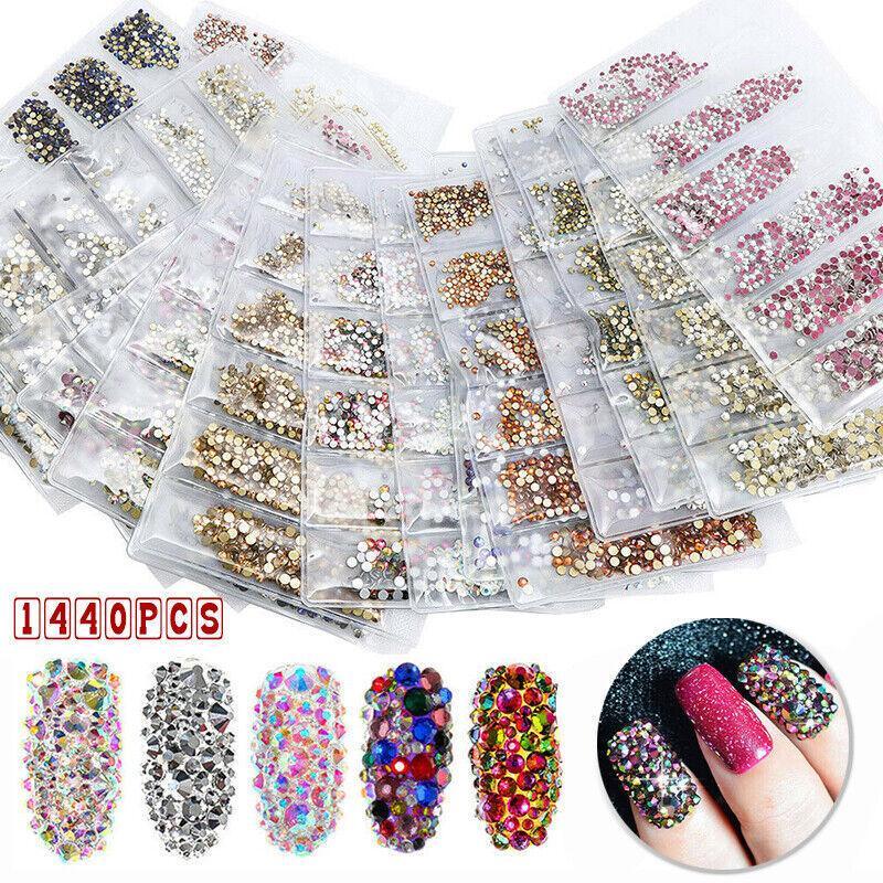 1440Pcs Glitter Rhinestones Crystal Clear Flat Bottom Glass Nail Art Nail Drill - Black
