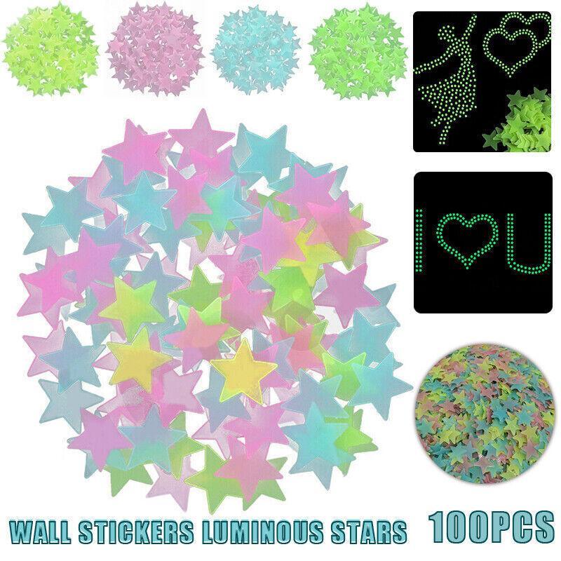 100 Pieces Glow-in-the-Dark Luminous Star Wall Stickers for Bedroom or Ceiling Decor - Multicolour